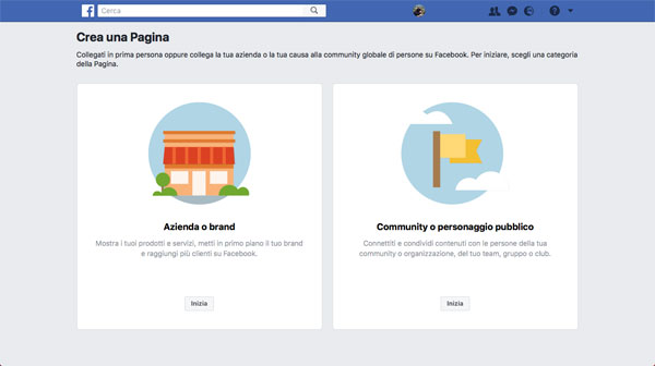 facebook crea una pagina schermata